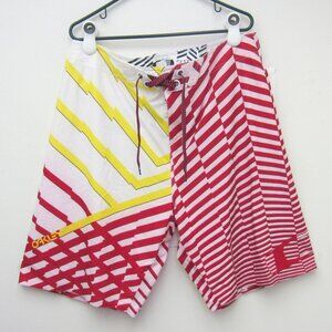 2011 Oakley Beach Board Shorts Swim Trunks Size 38x10, White Yellow Red Abstract